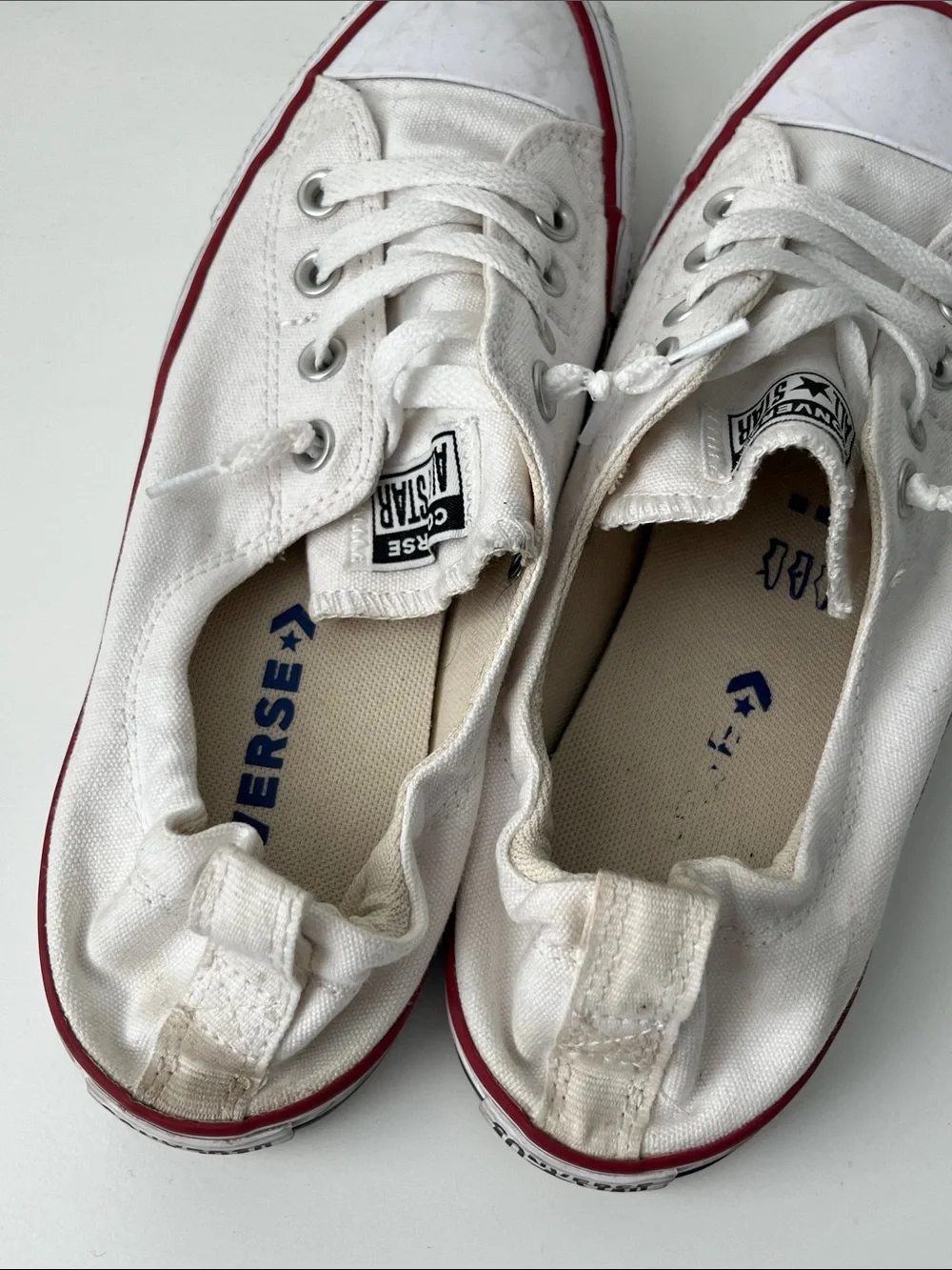 Converse Worn White Canvas Sneakers with Red Trim 9.5 Women’s - Picture 2 of 8